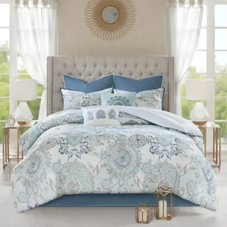Olliix by Madison Park Blue California King Isla 8 Piece Cotton Printed Reversible Comforter Set