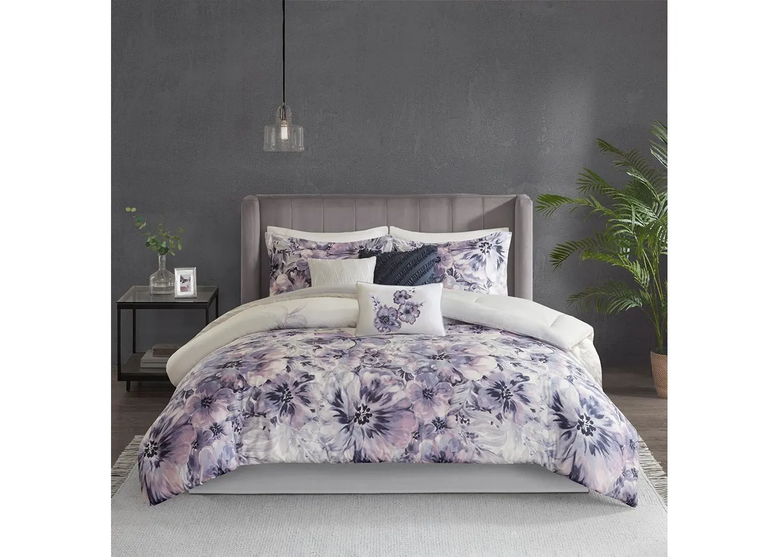 Olliix by Madison Park 7 Piece Purple Queen Enza Cotton Printed Comforter Set