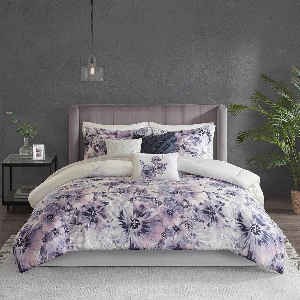 Olliix by Madison Park 7 Piece Purple Queen Enza Cotton Printed Comforter Set