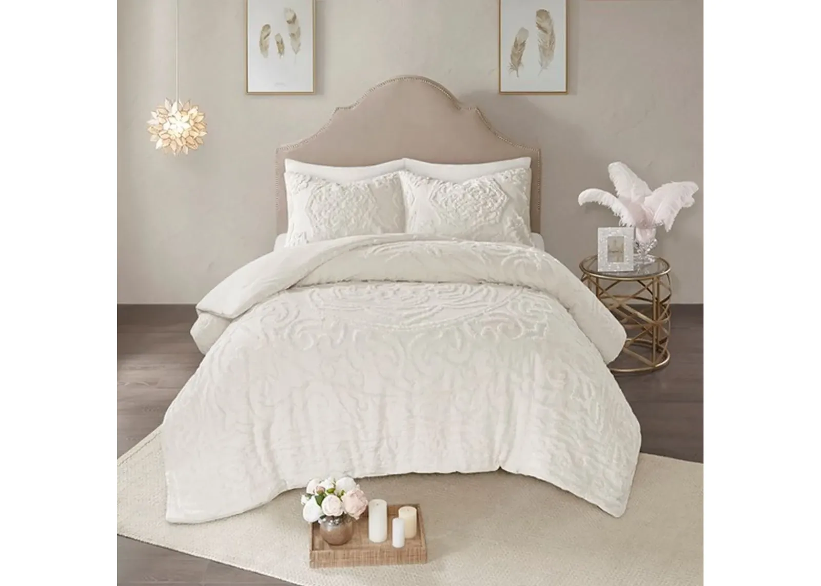 Olliix by Madison Park Ivory Full/Queen Laetitia Tufted Cotton Chenille Medallion Comforter Set