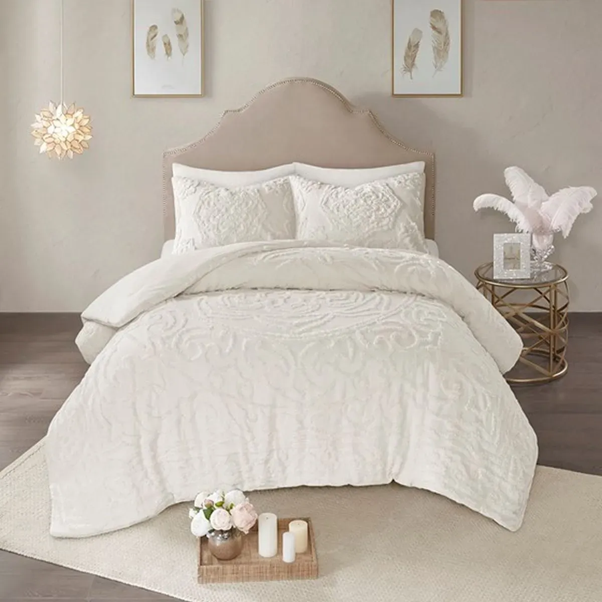 Olliix by Madison Park Ivory King/California King Laetitia Tufted Cotton Chenille Medallion Comforter Set