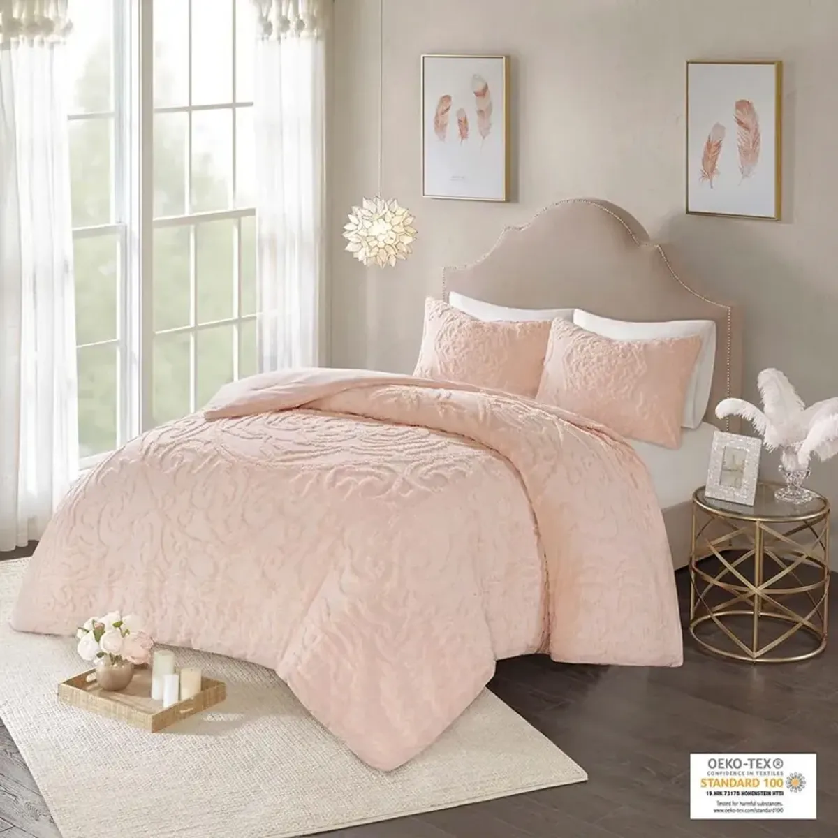 Olliix by Madison Park Blush Full/Queen Laetitia Tufted Cotton Chenille Medallion Comforter Set