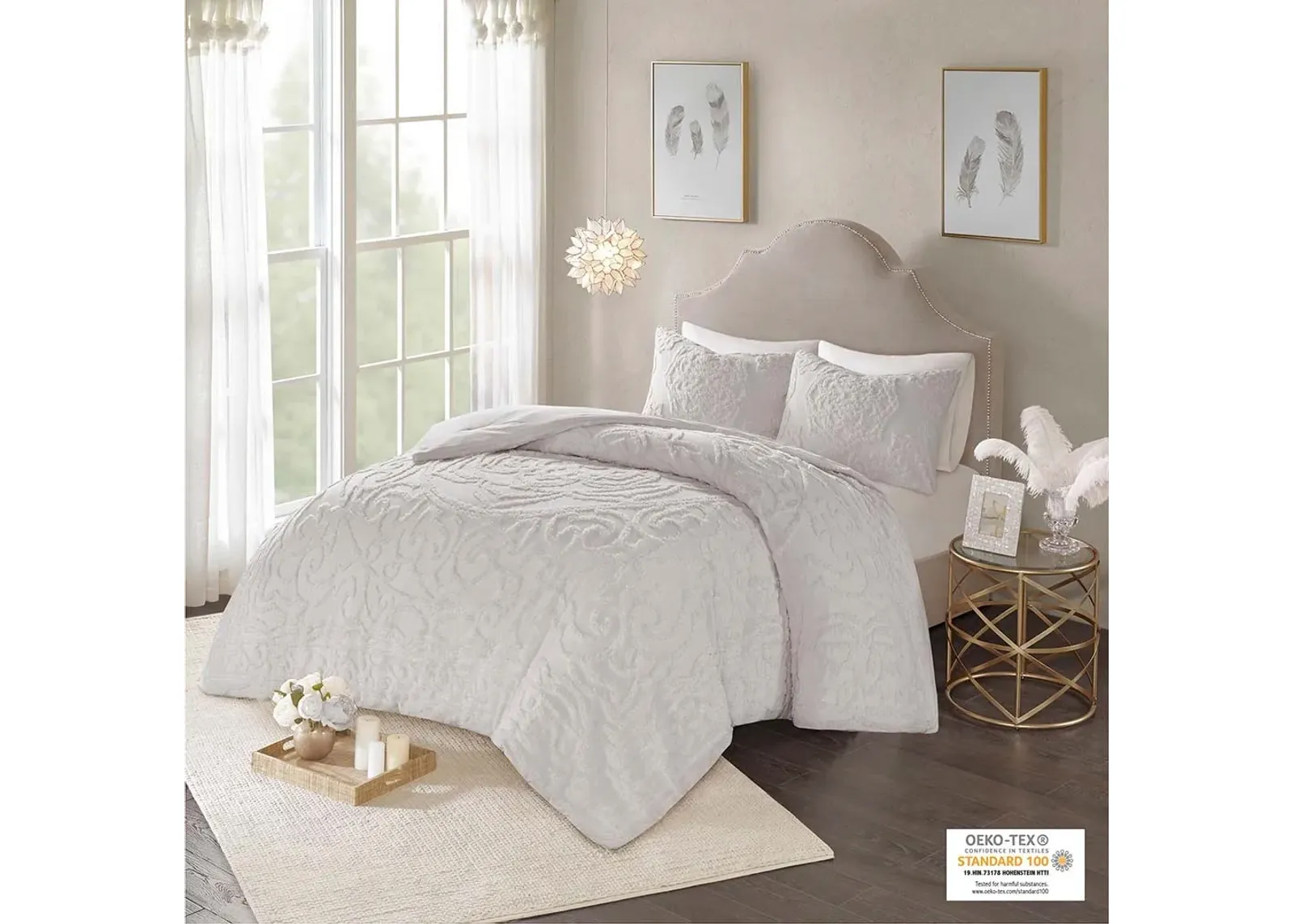 Olliix by Madison Park Grey Full/Queen Laetitia Tufted Cotton Chenille Medallion Comforter Set