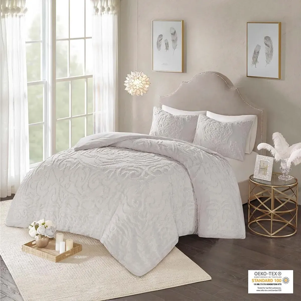 Olliix by Madison Park Grey Full/Queen Laetitia Tufted Cotton Chenille Medallion Comforter Set