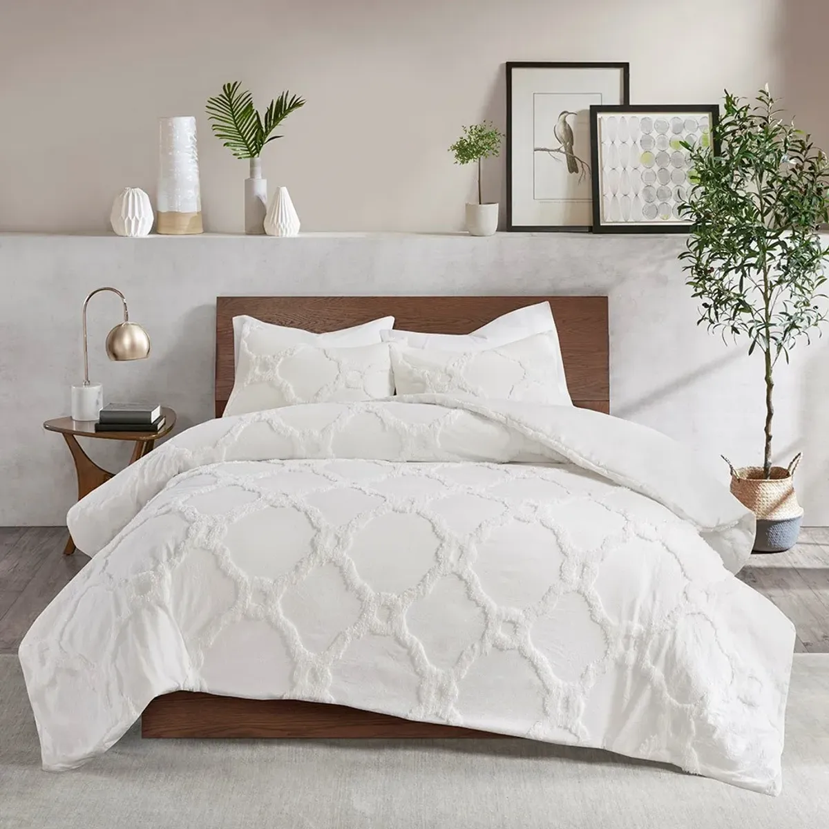 Olliix by Madison Park 3 Piece White Full/Queen Pacey Tufted Cotton Chenille Geometric Comforter Set