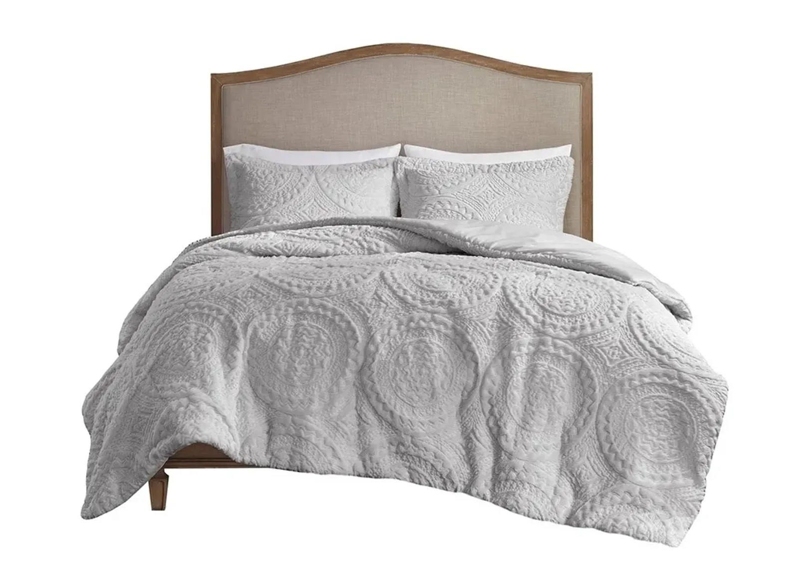 Olliix by Madison Park Arya Grey Twin Embroidered Medallion Faux Fur Ultra Plush Comforter Mini Set