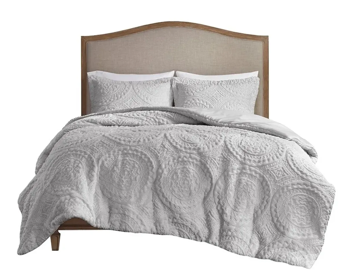 Olliix by Madison Park Arya Grey Twin Embroidered Medallion Faux Fur Ultra Plush Comforter Mini Set