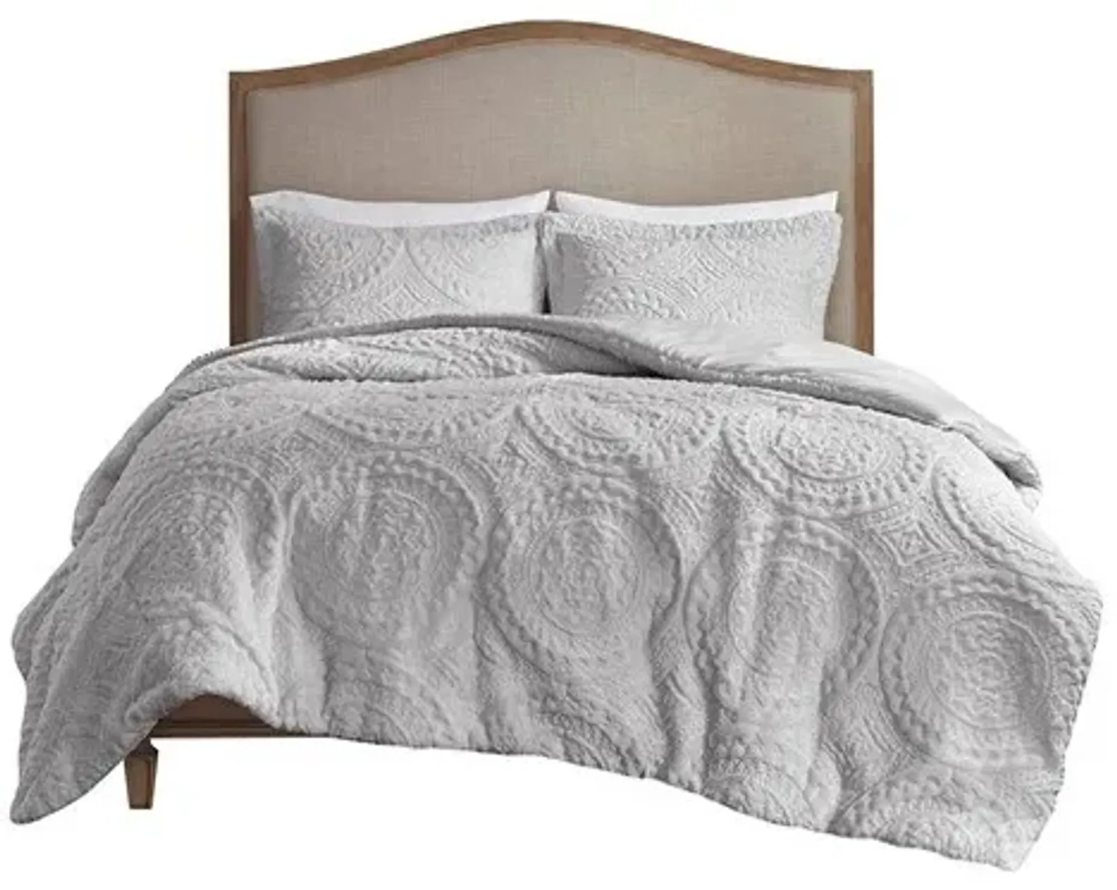 Olliix by Madison Park Arya Grey King/California King Embroidered Medallion Faux Fur Ultra Plush Comforter Mini Set