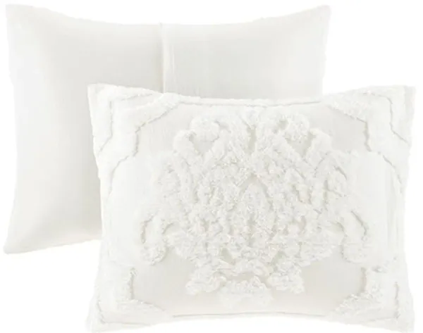 Olliix by Madison Park Viola 3 Piece White Full/Queen Tufted Cotton Chenille Damask Comforter Set