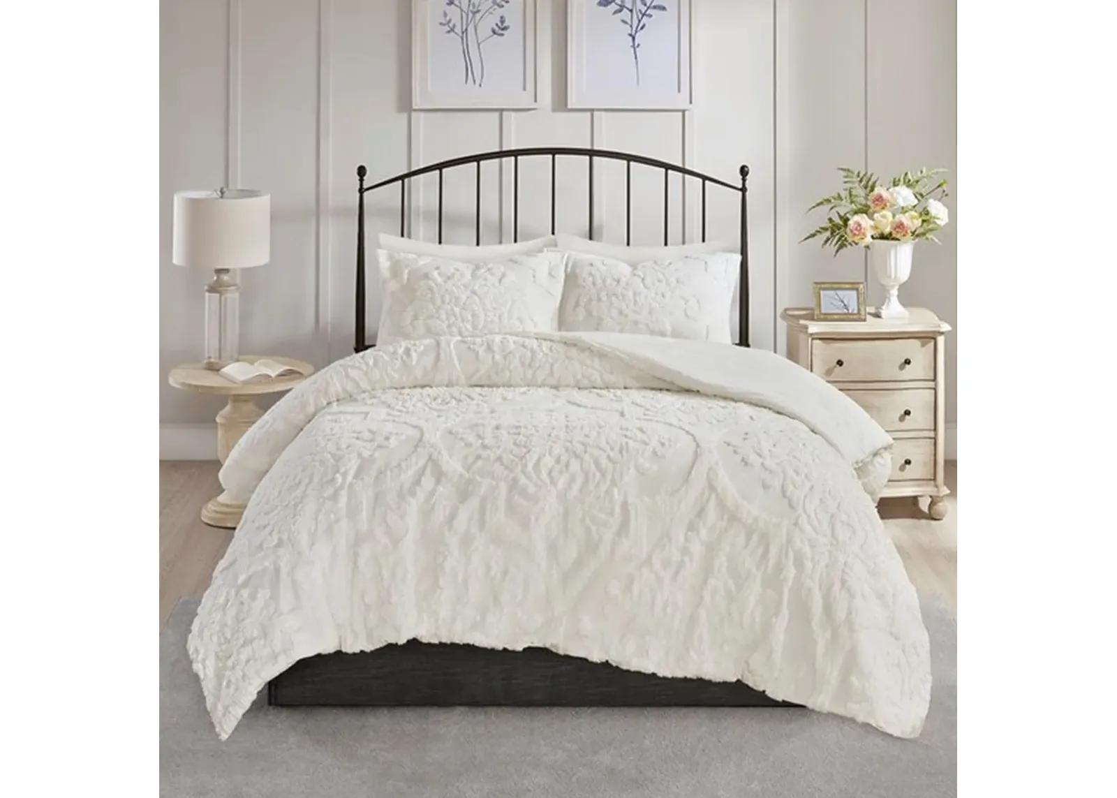 Olliix by Madison Park White Full/Queen Viola 3 Piece Tufted Cotton Chenille Damask Comforter Set