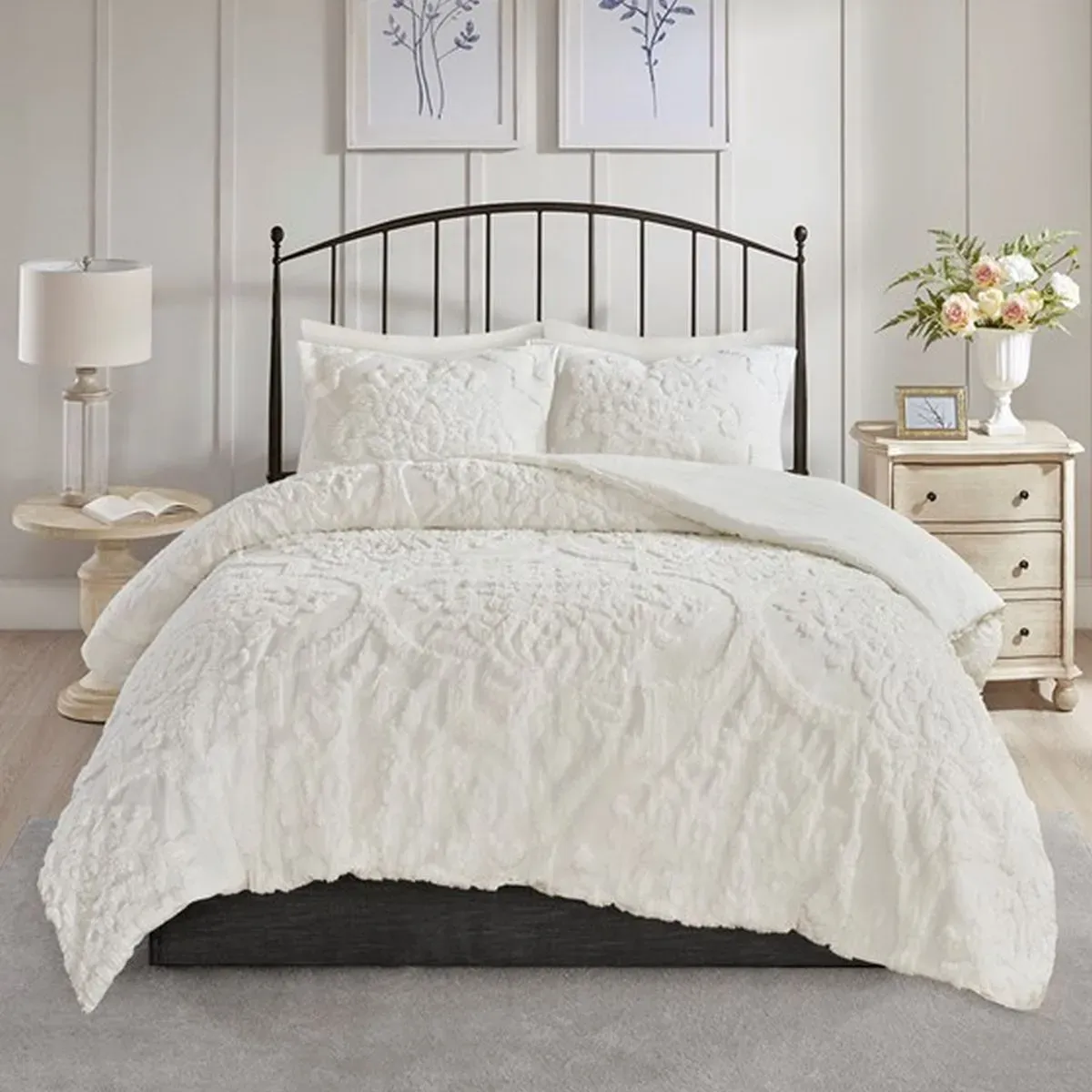 Olliix by Madison Park White Full/Queen Viola 3 Piece Tufted Cotton Chenille Damask Comforter Set