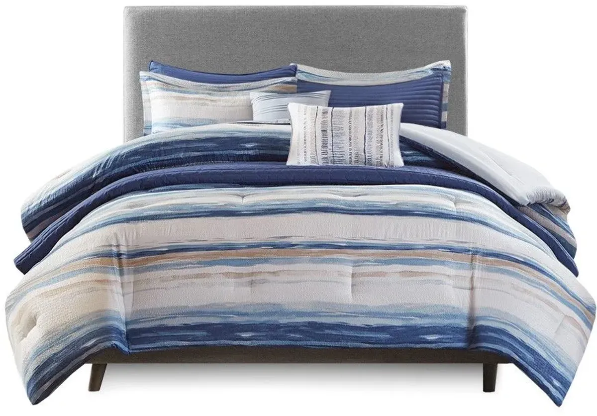 Olliix by Madison Park 8 Piece Blue Full/Queen Marina Printed Seersucker Comforter and Coverlet Set Collection