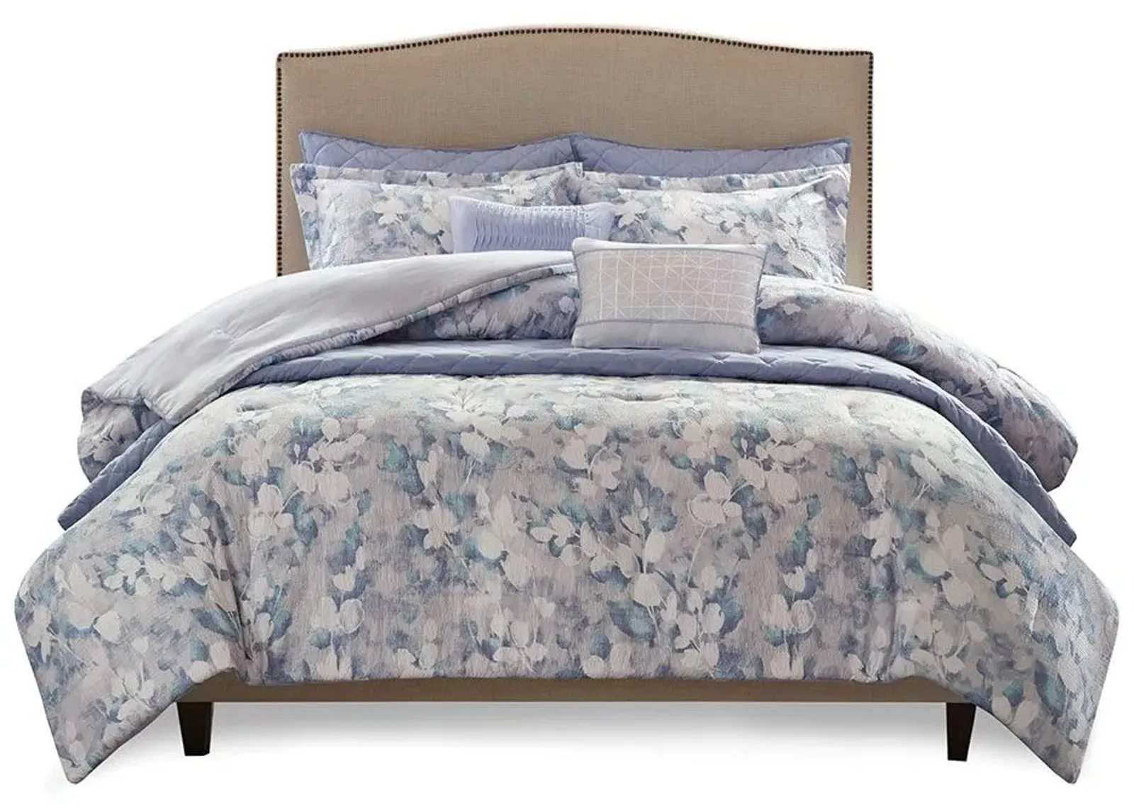 Olliix by Madison Park 8 Piece Blue King/California King Erica Printed Seersucker Comforter and Coverlet Set Collection