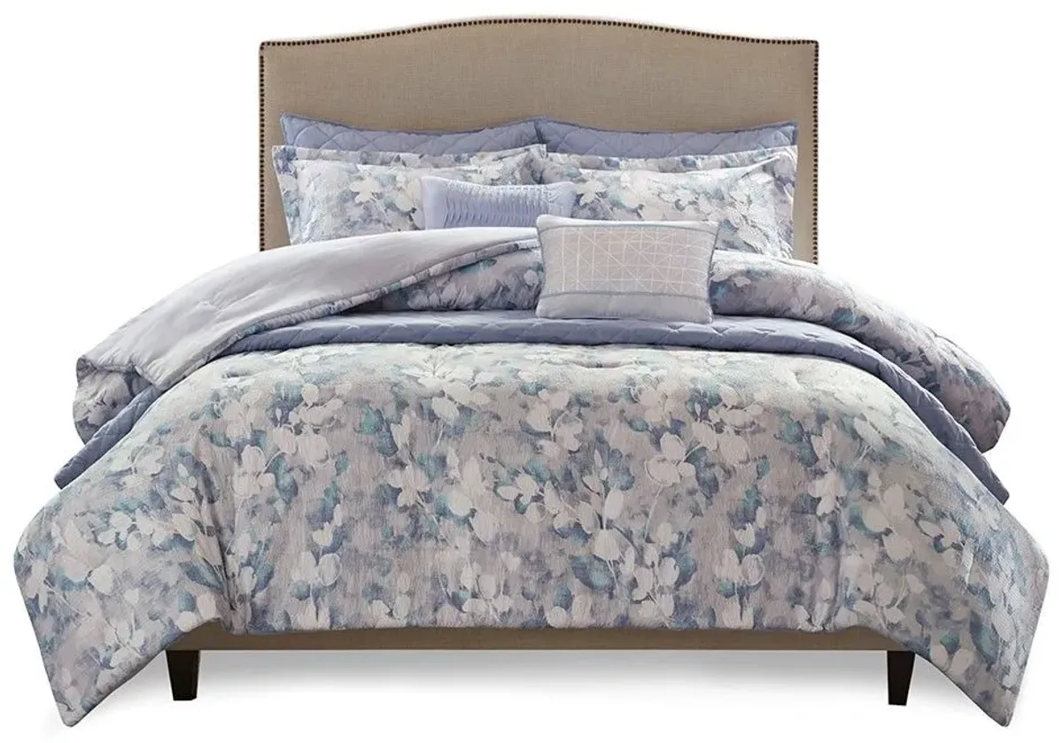 Olliix by Madison Park 8 Piece Blue King/California King Erica Printed Seersucker Comforter and Coverlet Set Collection