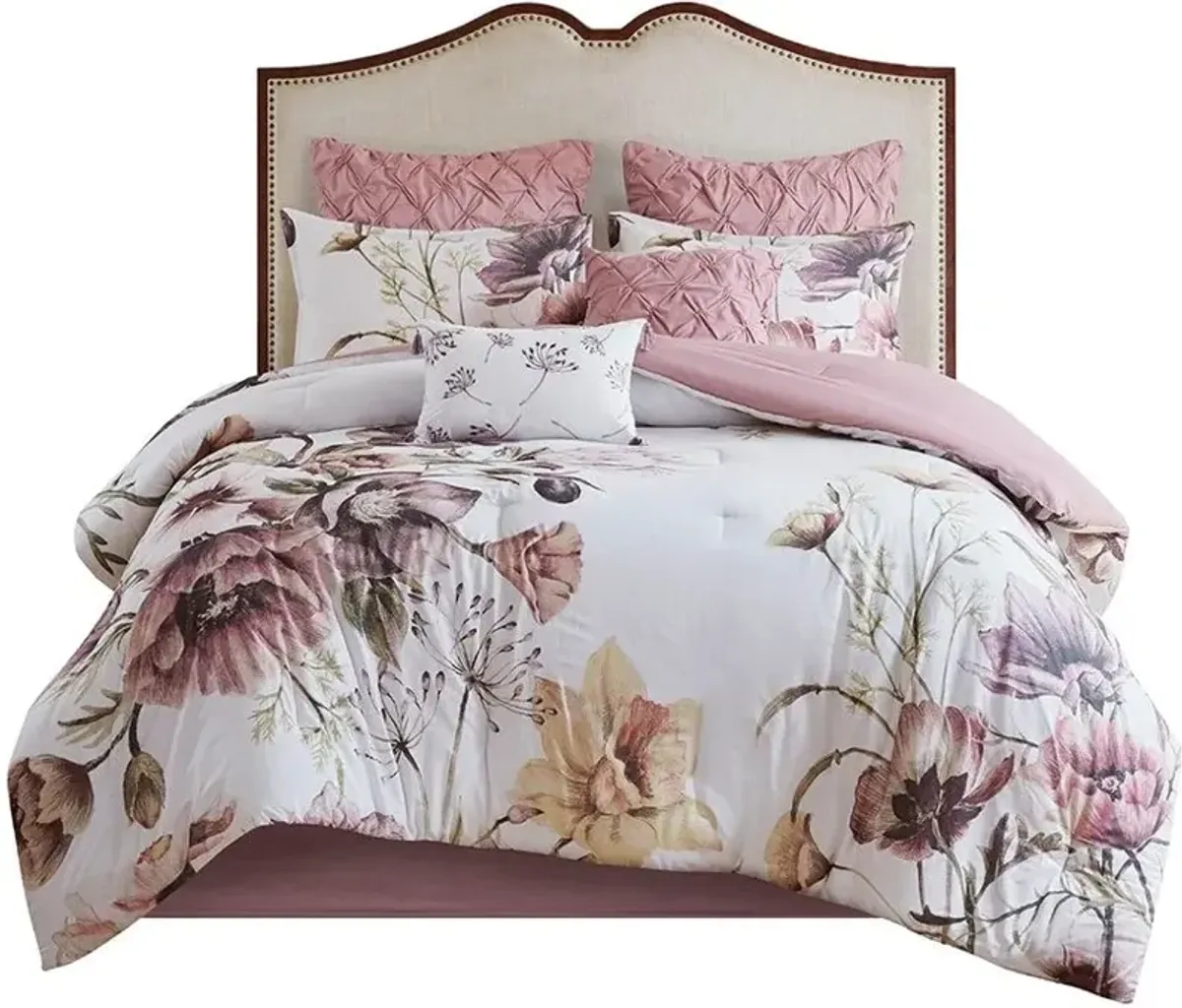 Olliix by Madison Park 8 Piece Blush Queen Cassandra Cotton Printed Comforter Set