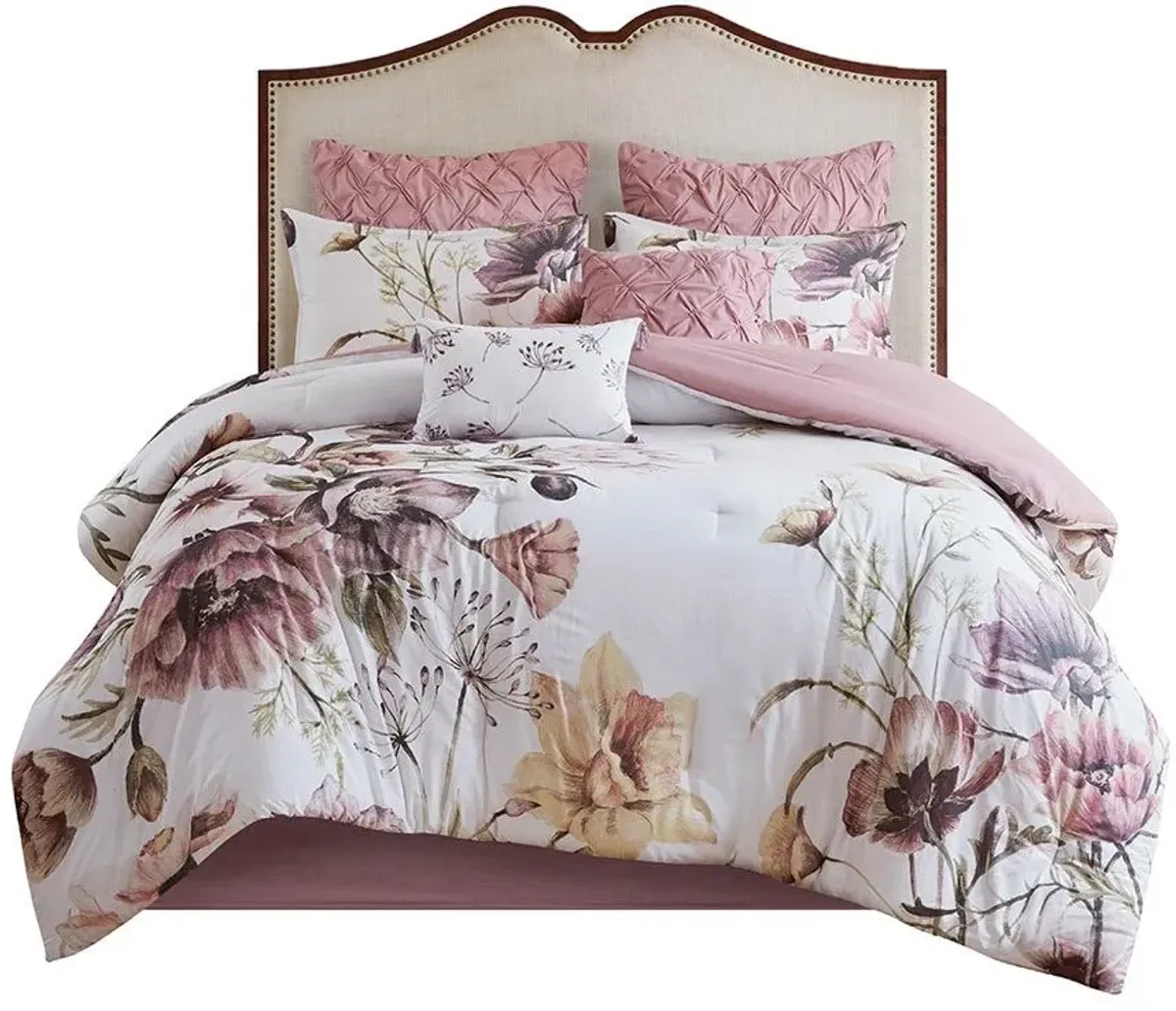 Olliix by Madison Park 8 Piece Blush Queen Cassandra Cotton Printed Comforter Set