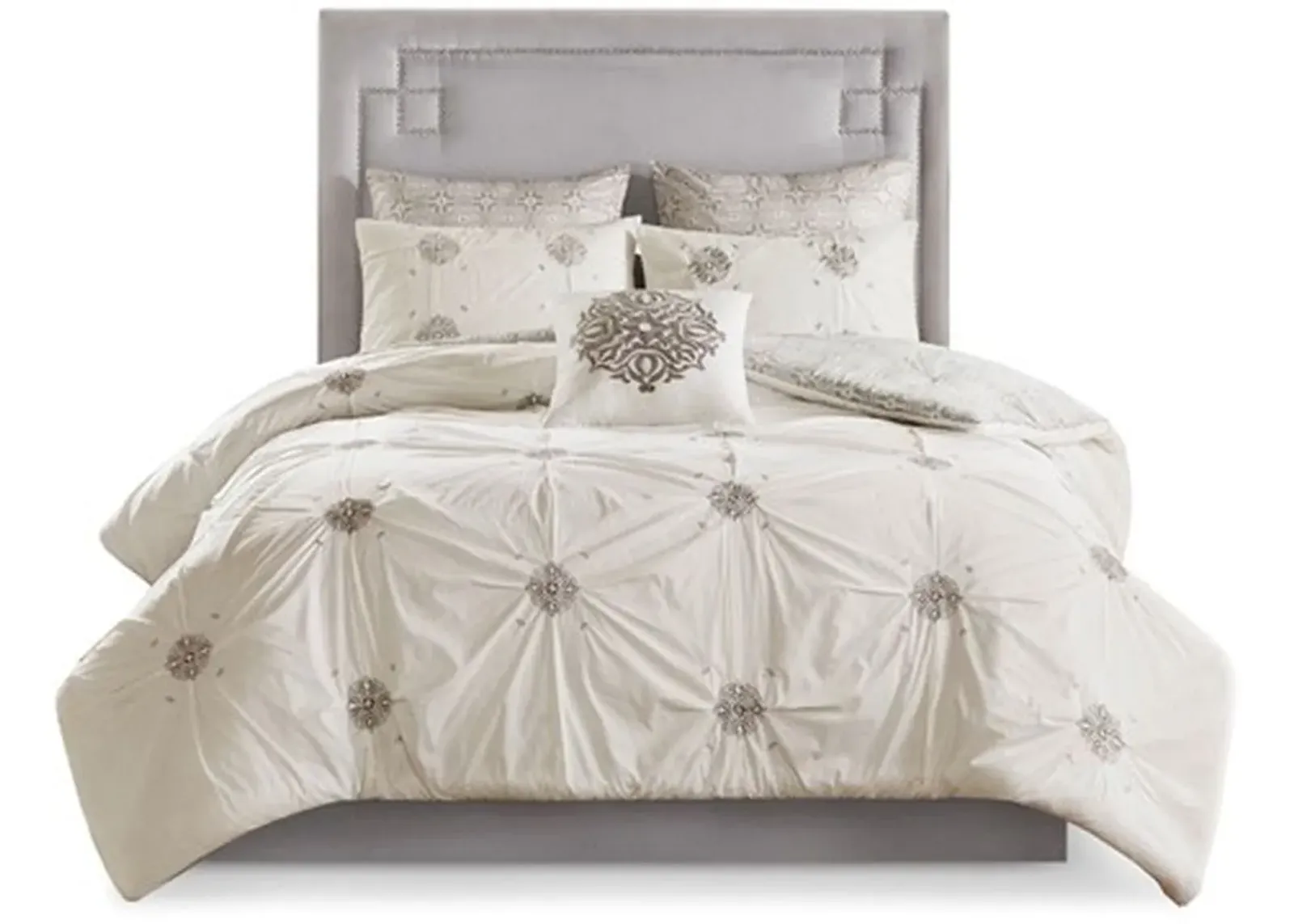 Olliix by Madison Park Ivory King/California King Malia 6 Piece Embroidered Cotton Reversible Comforter Set