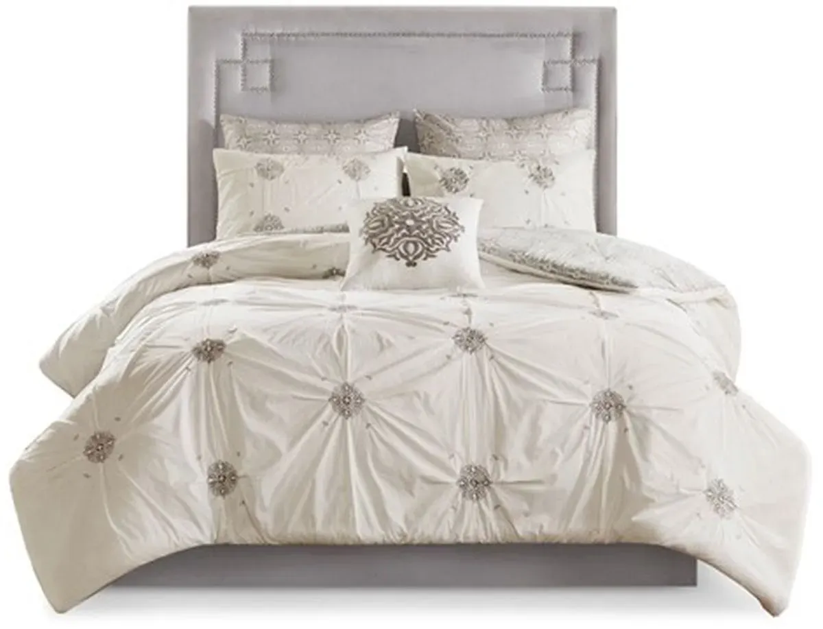 Olliix by Madison Park Ivory King/California King Malia 6 Piece Embroidered Cotton Reversible Comforter Set