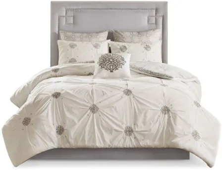 Olliix by Madison Park Ivory King/California King Malia 6 Piece Embroidered Cotton Reversible Comforter Set