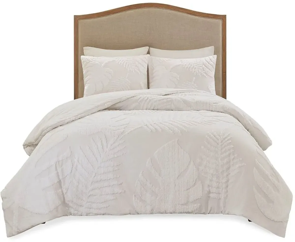 Olliix by Madison Park 3 Piece White Full/Queen Bahari Tufted Cotton Chenille Palm Comforter Set