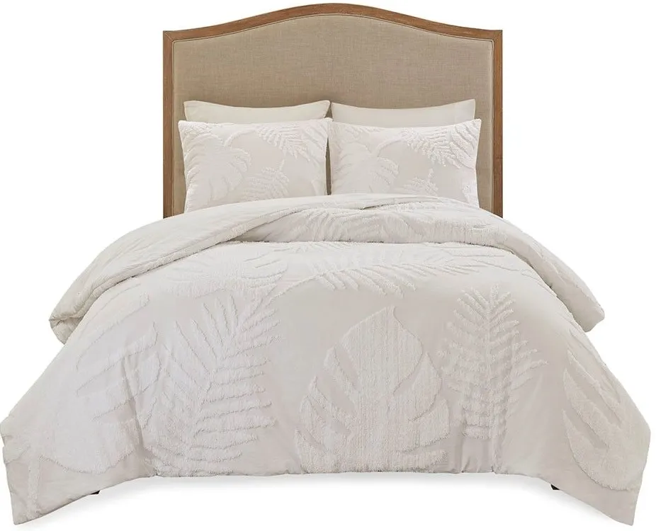 Olliix by Madison Park 3 Piece White Full/Queen Bahari Tufted Cotton Chenille Palm Comforter Set