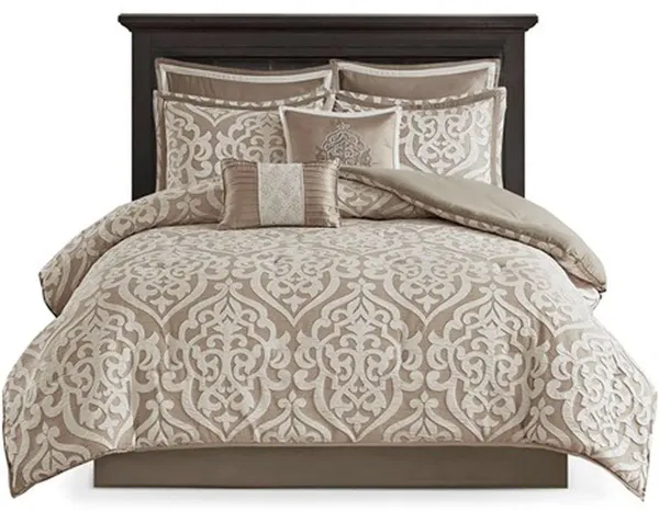 Olliix by Madison Park Tan Queen Odette 8 Piece Jacquard Comforter Set