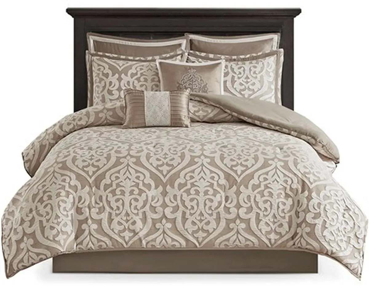 Olliix by Madison Park Tan Queen Odette 8 Piece Jacquard Comforter Set