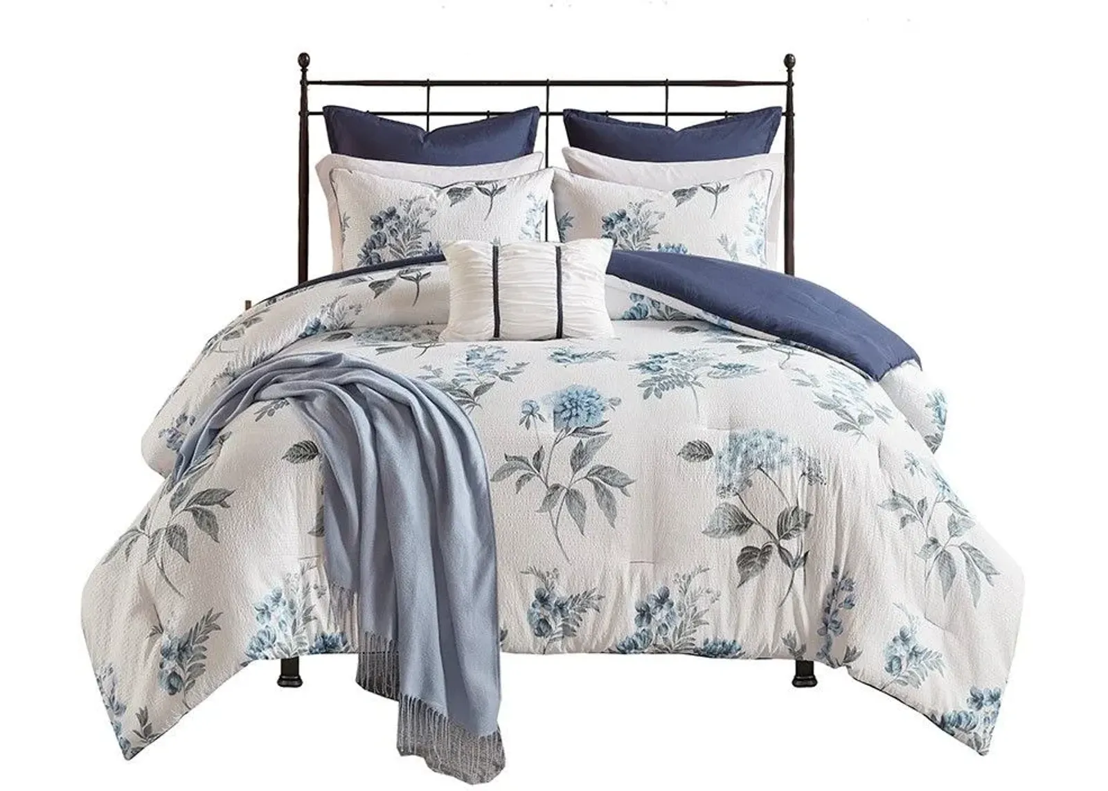 Olliix by Madison Park 7 Piece Blue Full/Queen Zennia Printed Seersucker Comforter Set with Throw Blanket