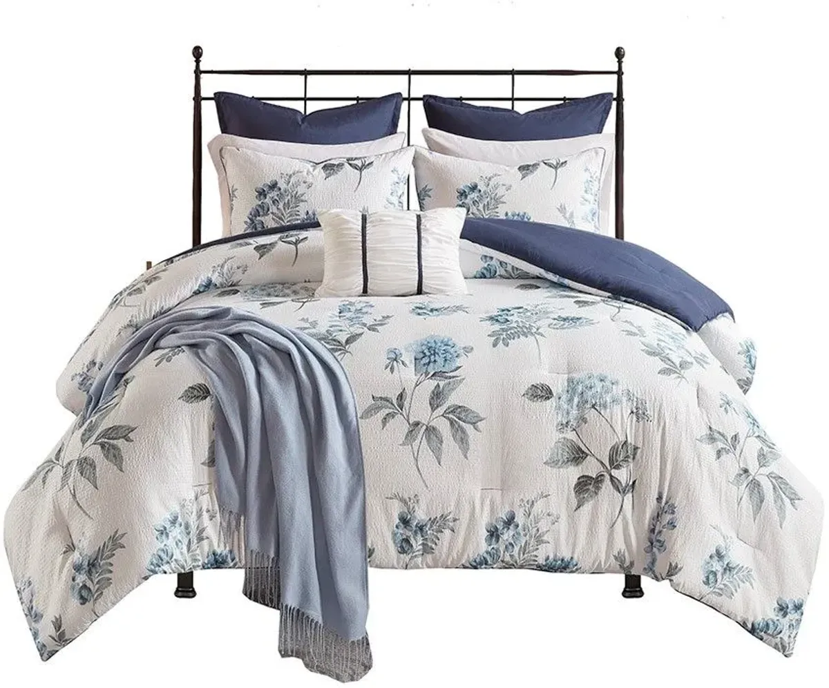 Olliix by Madison Park 7 Piece Blue Full/Queen Zennia Printed Seersucker Comforter Set with Throw Blanket