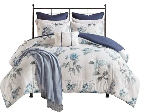 Olliix by Madison Park 7 Piece Blue Full/Queen Zennia Printed Seersucker Comforter Set with Throw Blanket