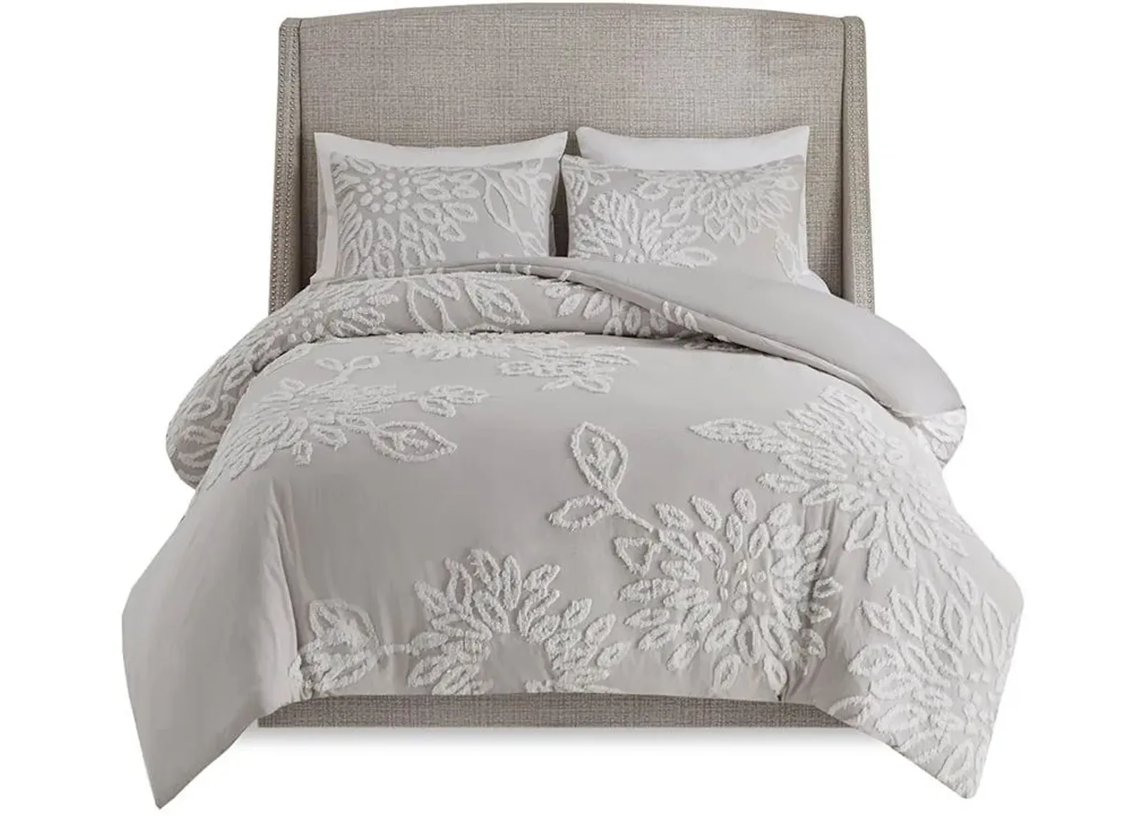 Olliix by Madison Park 3 Piece Grey/White Full/Queen Veronica Tufted Cotton Chenille Floral Comforter Set