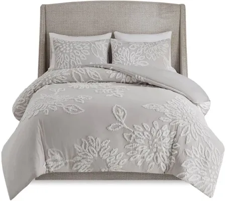 Olliix by Madison Park 3 Piece Grey/White Full/Queen Veronica Tufted Cotton Chenille Floral Comforter Set