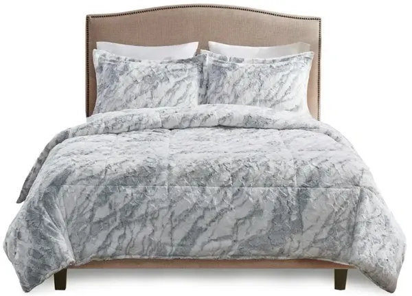 Olliix by Madison Park Lana Blue and Grey Queen Marble Faux Fur Comforter Set