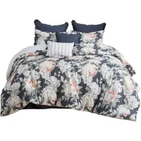 Olliix by Madison Park 8 Piece Dark Blue Queen Mavis Cotton Printed Reversible Comforter Set