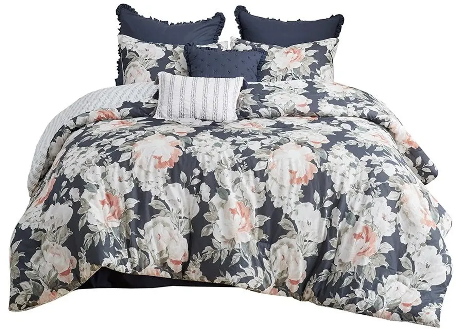 Olliix by Madison Park 8 Piece Dark Blue Queen Mavis Cotton Printed Reversible Comforter Set