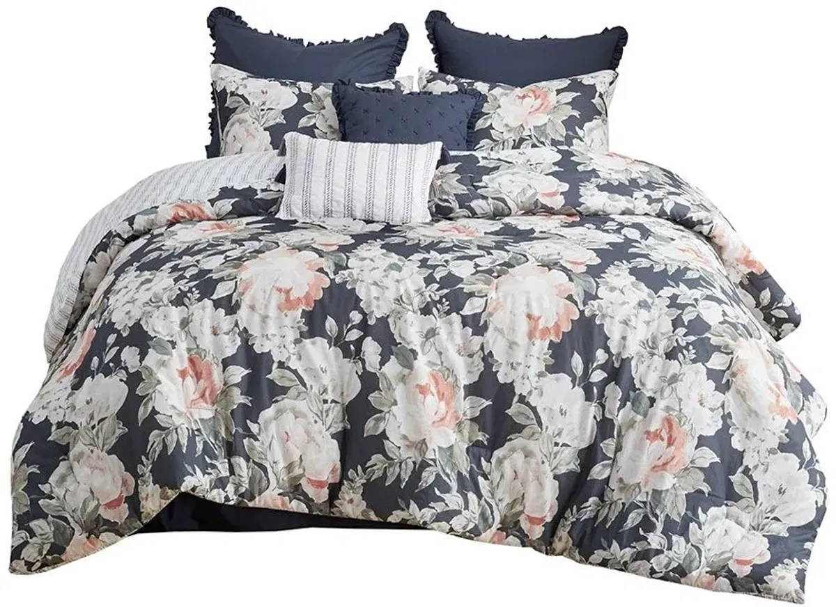 Olliix by Madison Park 8 Piece Dark Blue Queen Mavis Cotton Printed Reversible Comforter Set