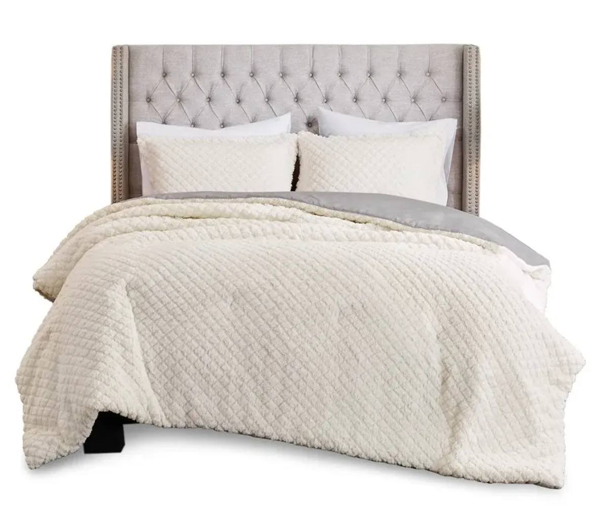 Olliix by Madison Park Adler Ivory and Grey King Reversible Textured Sherpa to Faux Mink Comforter Set