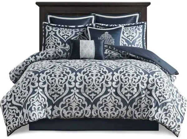 Olliix by Madison Park 8 Piece Navy Queen Odette Jacquard Comforter Set