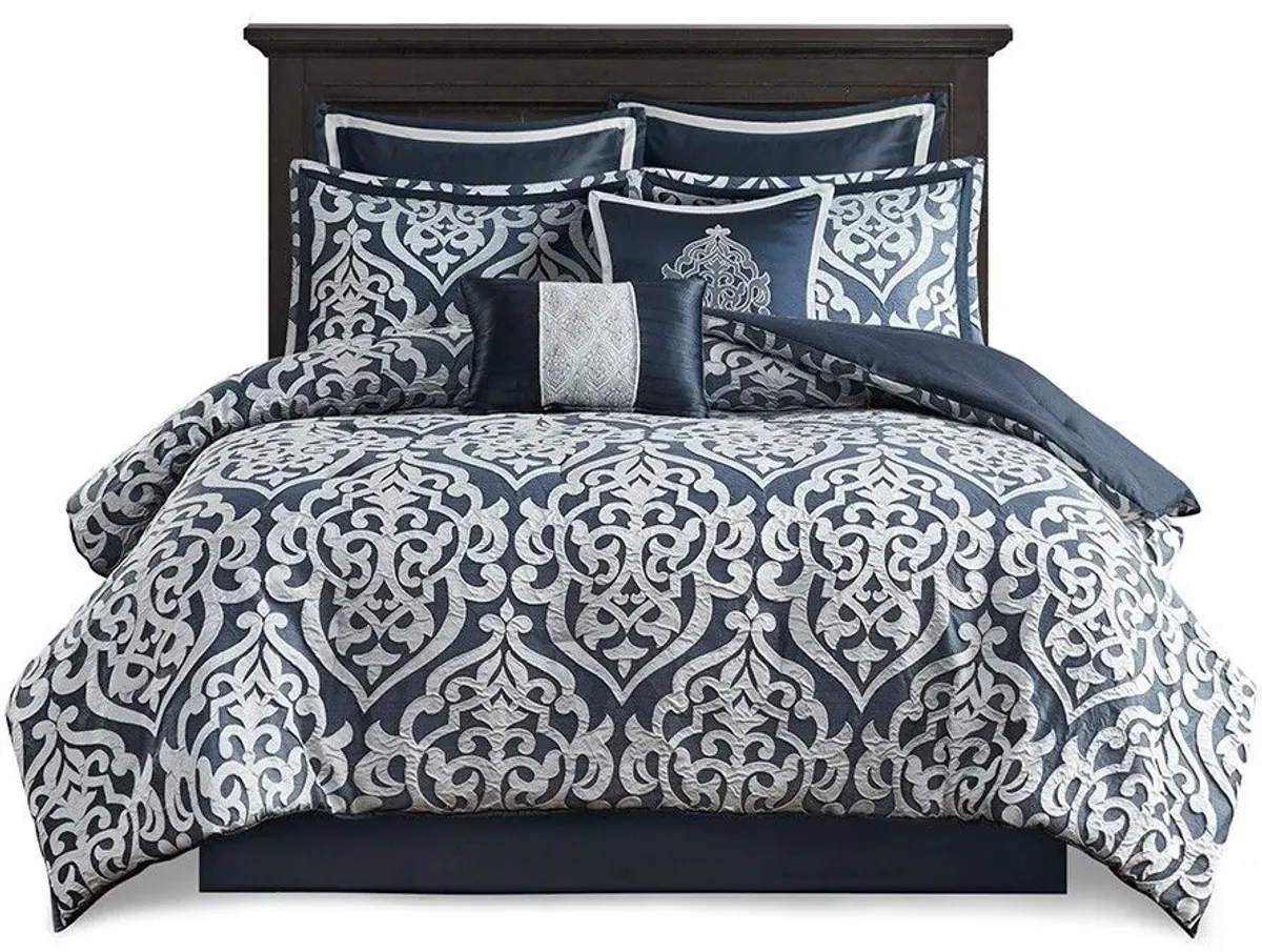 Olliix by Madison Park 8 Piece Navy Queen Odette Jacquard Comforter Set