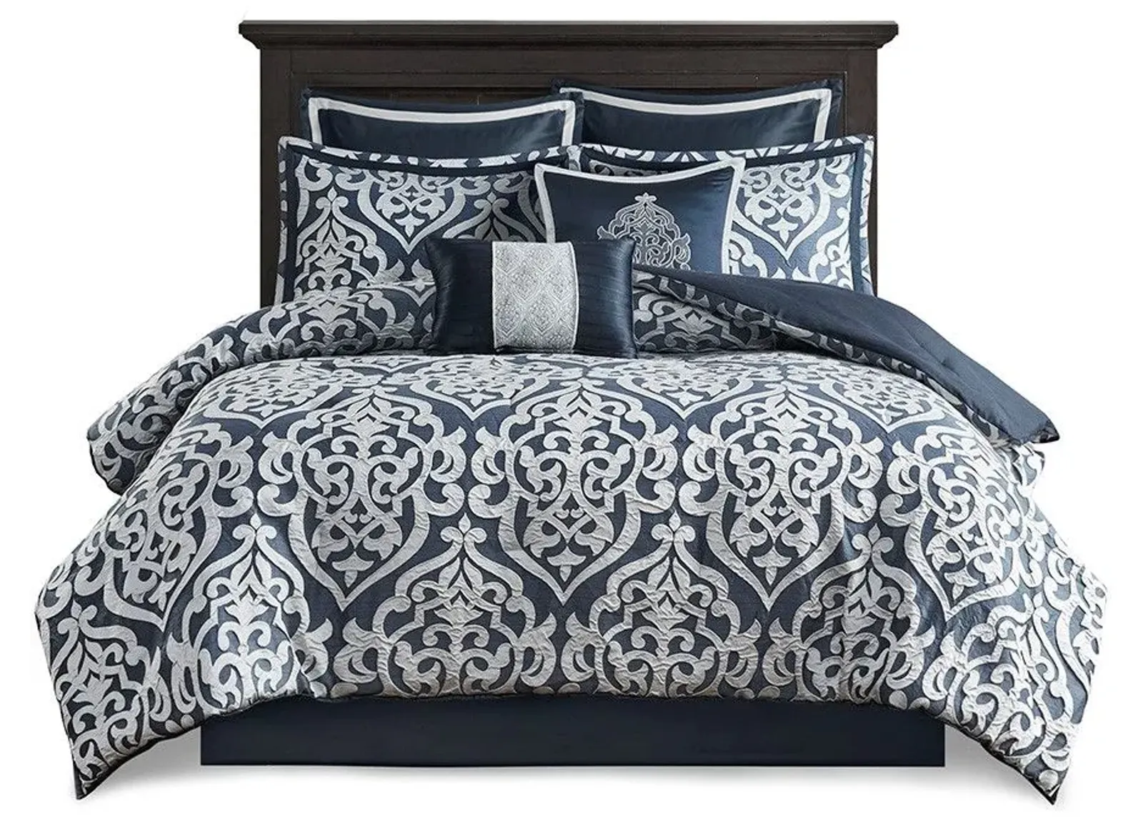 Olliix by Madison Park 8 Piece Navy Queen Odette Jacquard Comforter Set