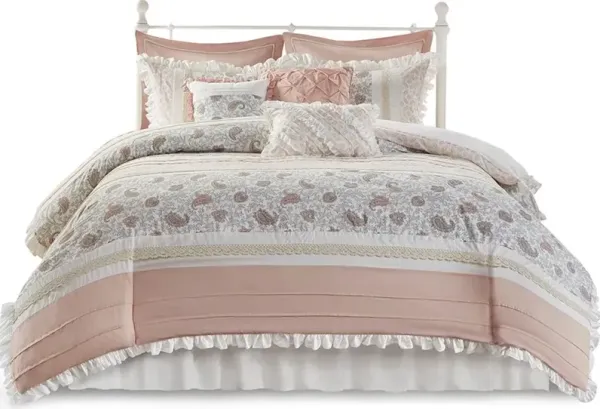 Olliix by Madison Park 9 Piece Blush Queen Dawn Cotton Percale Comforter Set