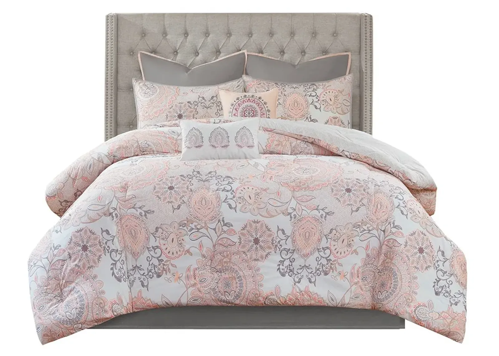 Olliix by Madison Park Isla 8 Pieces Blush Queen Cotton Printed Reversible Comforter Set