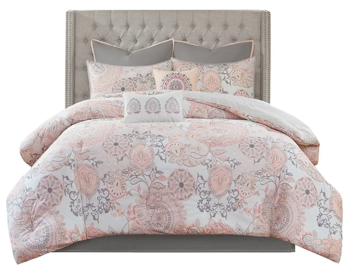 Olliix by Madison Park Isla 8 Pieces Blush Queen Cotton Printed Reversible Comforter Set