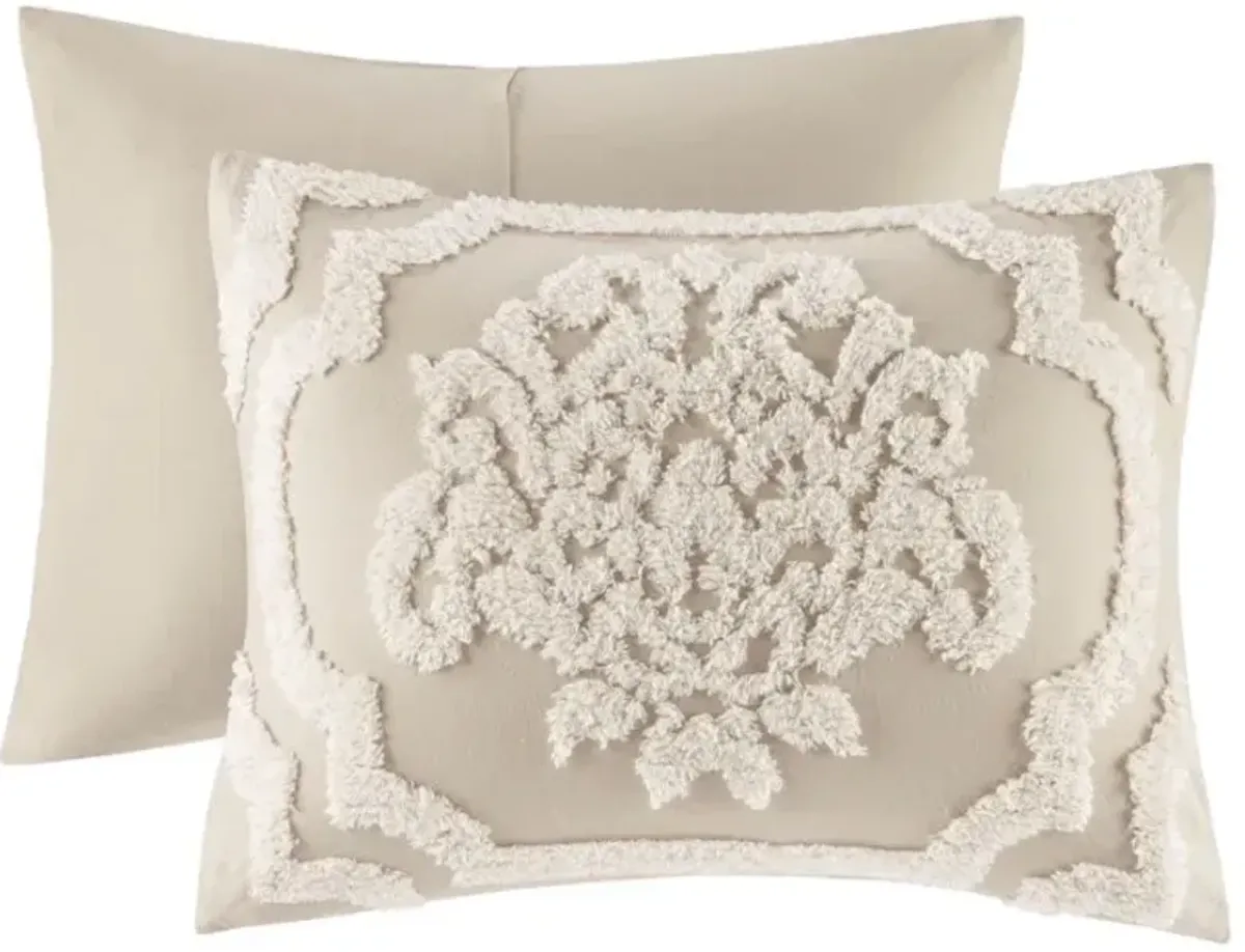 Olliix by Madison Park Viola 3 Piece Taupe Full/Queen Tufted Cotton Chenille Damask Comforter Set