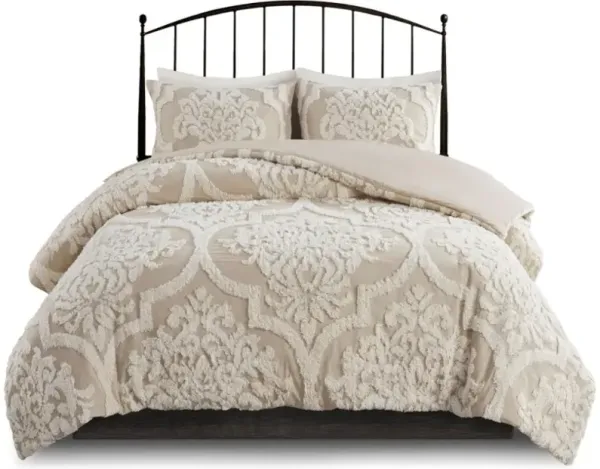 Olliix by Madison Park Viola 3 Piece Taupe Full/Queen Tufted Cotton Chenille Damask Comforter Set