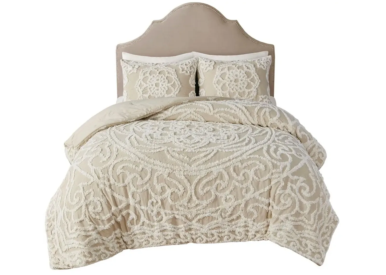 Olliix by Madison Park Laetitia Taupe Full/Queen Tufted Cotton Chenille Medallion Comforter Set