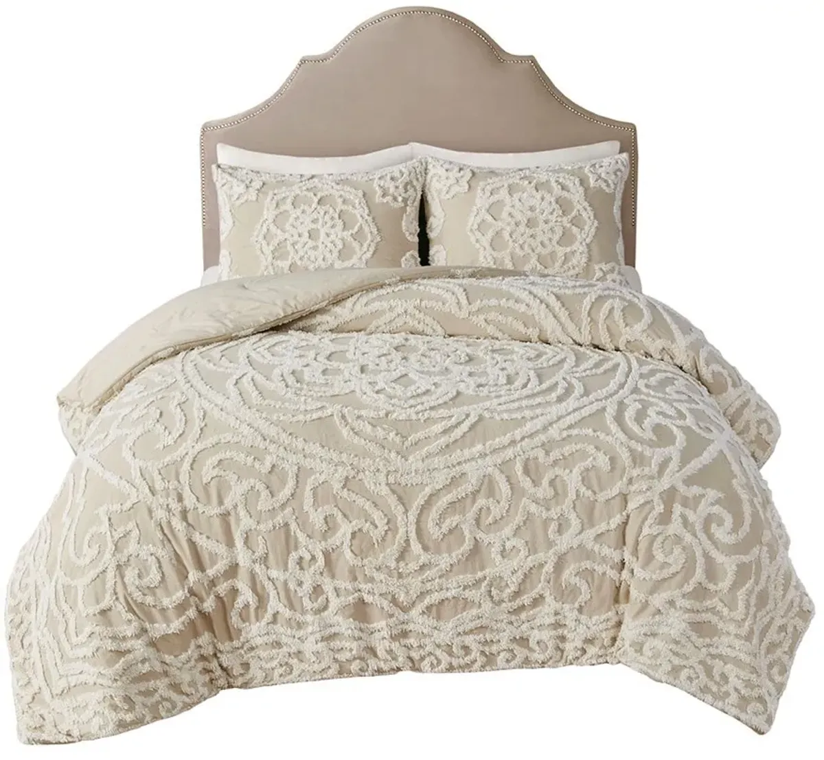 Olliix by Madison Park Laetitia Taupe Full/Queen Tufted Cotton Chenille Medallion Comforter Set