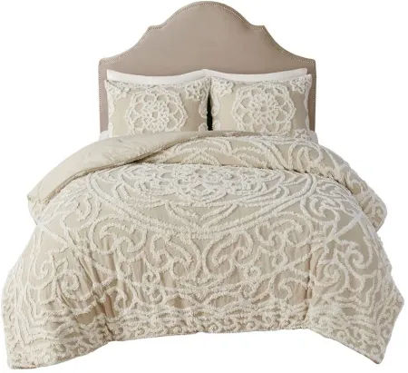 Olliix by Madison Park Laetitia Taupe Full/Queen Tufted Cotton Chenille Medallion Comforter Set