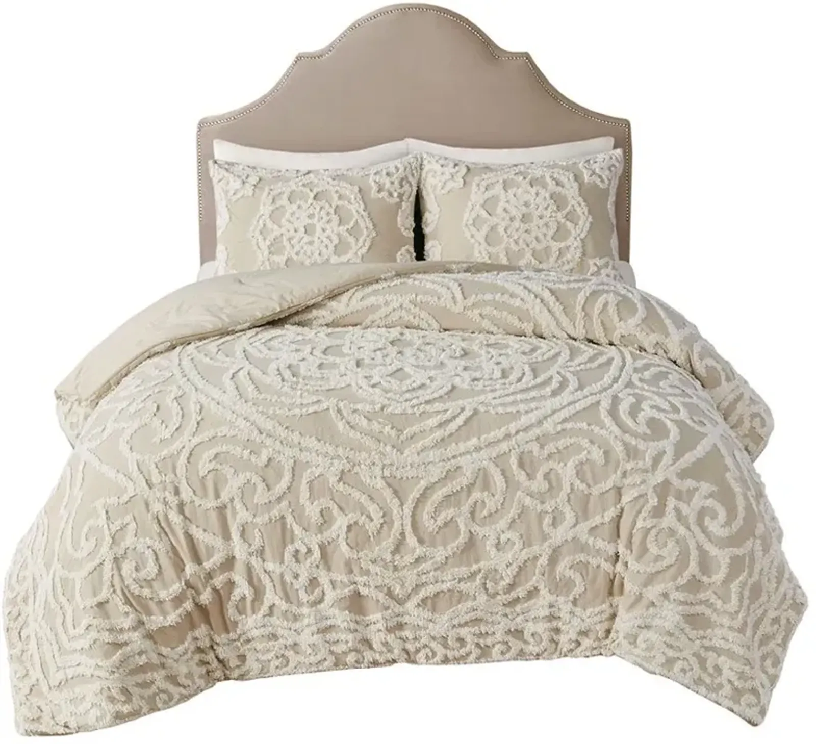 Olliix by Madison Park Laetitia Taupe Full/Queen Tufted Cotton Chenille Medallion Comforter Set