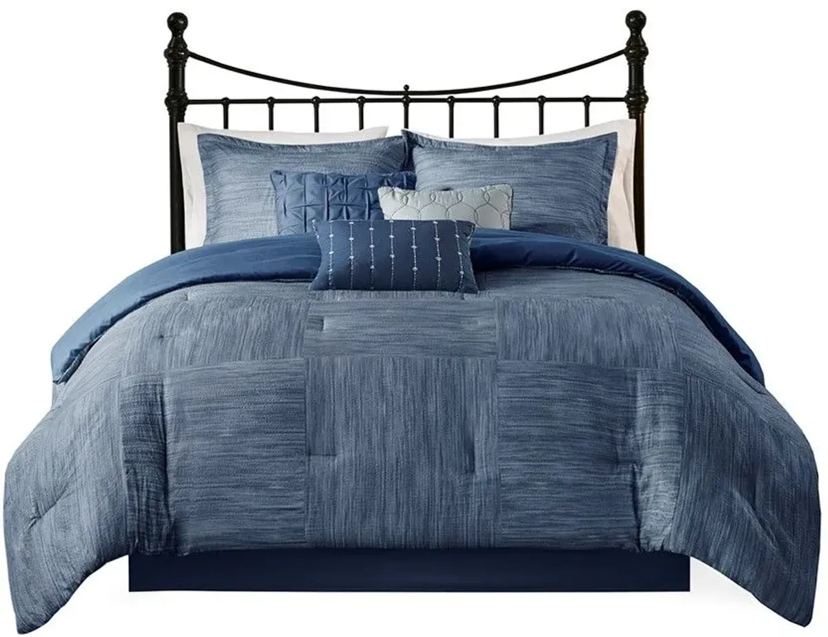 Olliix by Madison Park 7 Piece Navy Queen Walter Printed Seersucker Comforter Set